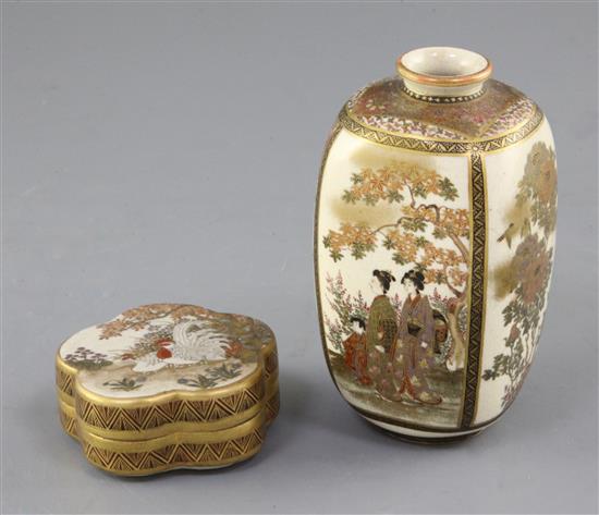 A Japanese Satsuma pottery vase and a pentafoil shaped box and cover, early 20th century, 12.5cm and 7cm